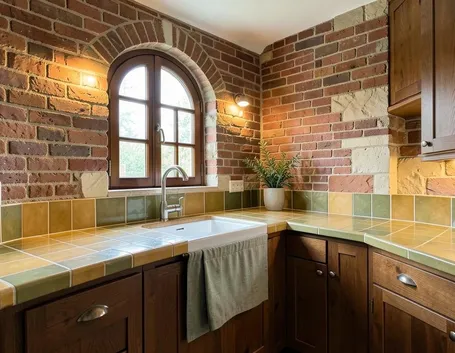 cucina con mattoni a vista rossi